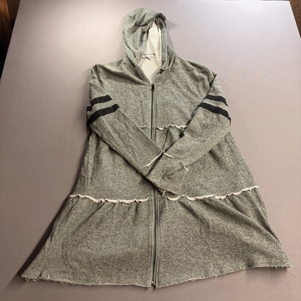 White Birch Womens L Long Hooded Zip Cardigan Jacket Gray Black Stripe